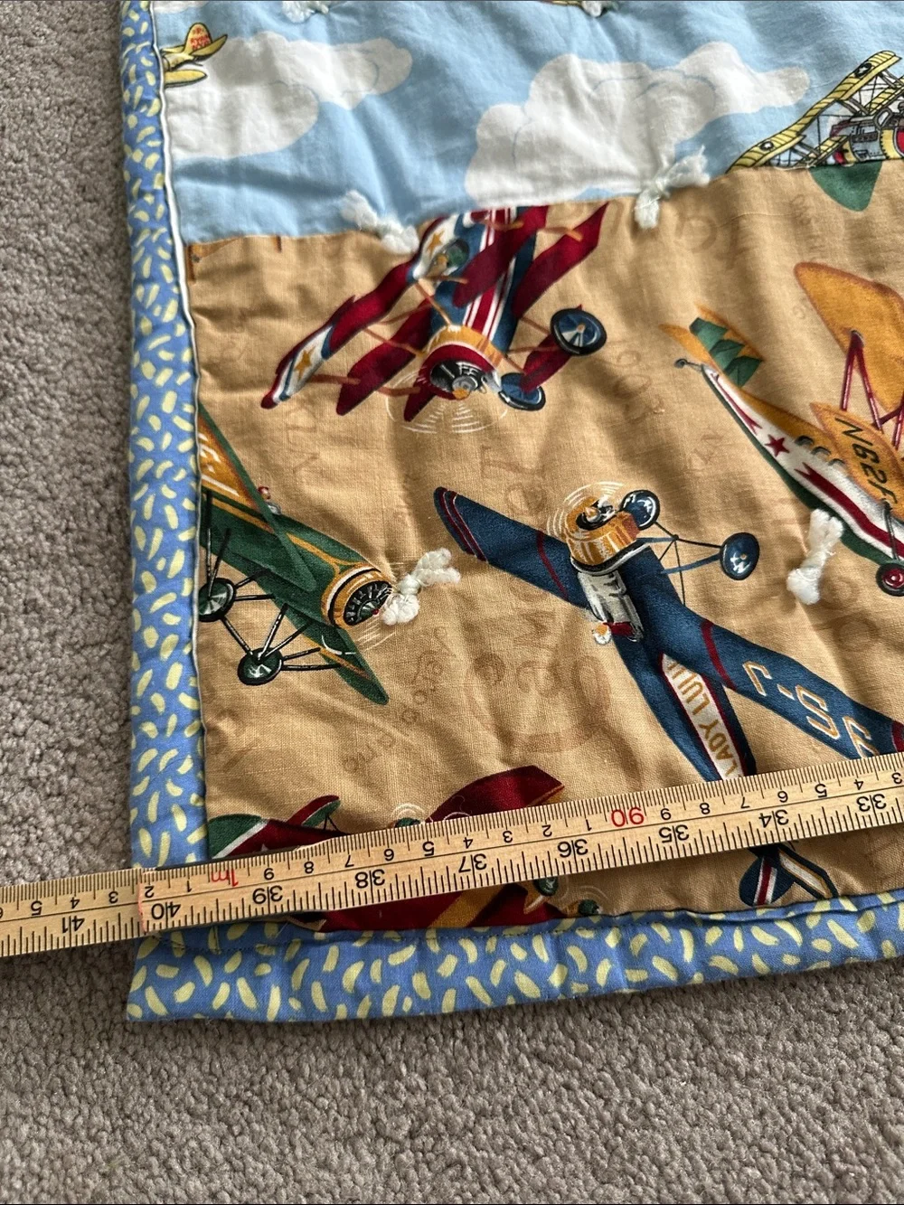 Vintage Airplane Print Baby Quilt Blue and Tan GUC